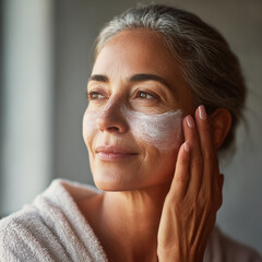 Beauty treatment before going to bed: middle age beautiful lady applying a skin rejuvenating care mask