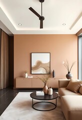 Modern interior design with Pantone 2025 Colour of the Year Mocha Mousse. Brown walls, accent colors of furniture and a well-lit room