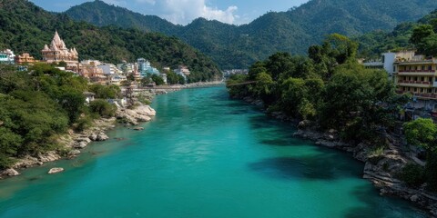 River flows through a valley with buildings