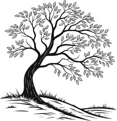 Black and white vector illustration of a tree silhouette with roots and branches, perfect for nature-inspired art and design