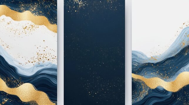 Wedding invitation cards with Luxury gold and indigo navy marble texture background and Abstract ocean style vector design template illustration , no logos, no brands