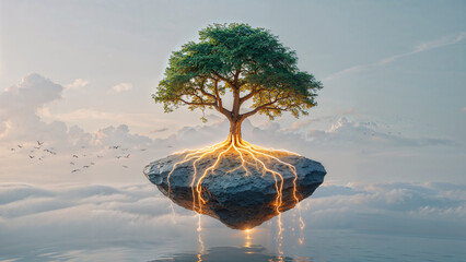 Lone Tree on Floating Rock – Peaceful Surreal Fantasy Scene