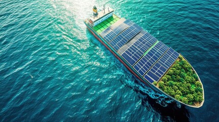 Eco-friendly cargo ship with solar panels and green vegetation on deck sailing the ocean