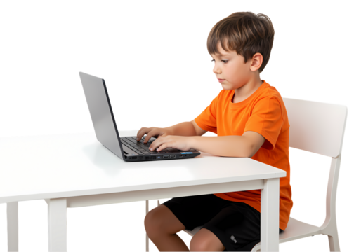 Young Boy Using Laptop Child Technology Education Computer Skills Online Learning isolated on transparent background