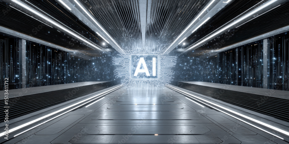 Poster artificial intelligence glowing in futuristic data center with api integration concept for advanced 