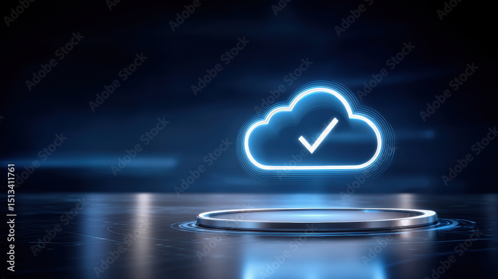 Poster cloud checkmark icon glowing above futuristic platform with digital api integration concept in dark 