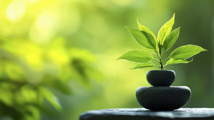 Naklejka premium tranquil scene featuring small plant growing stacked stones, symbolizing harmony and nature beauty. soft green background enhances peaceful