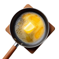 A close-up shot captures a pat of butter melting in a hot pan, the warm, golden hues of the butter contrasting against the sleek, dark pan, symbolizing the start of a delicious culinary creation.