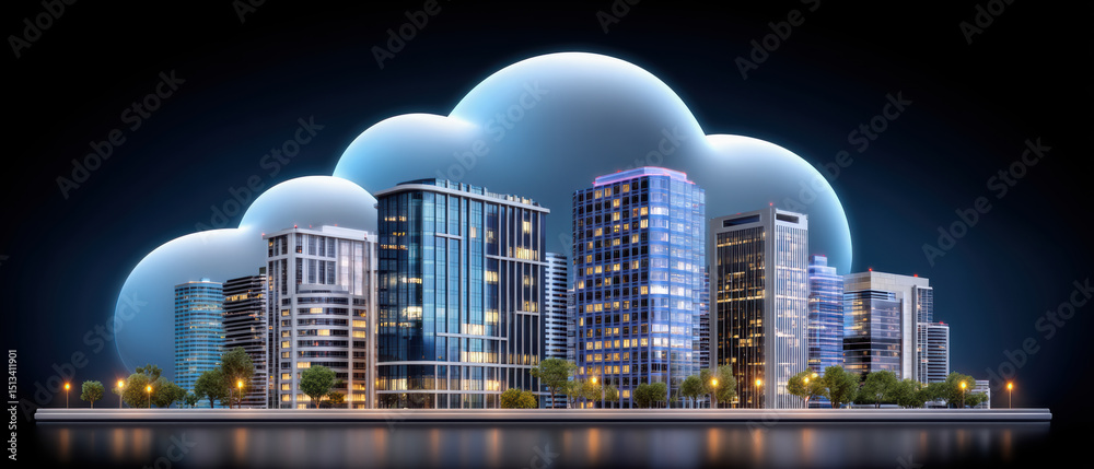Poster cloud computing concept with modern city skyline and api integration technology for digital data sto