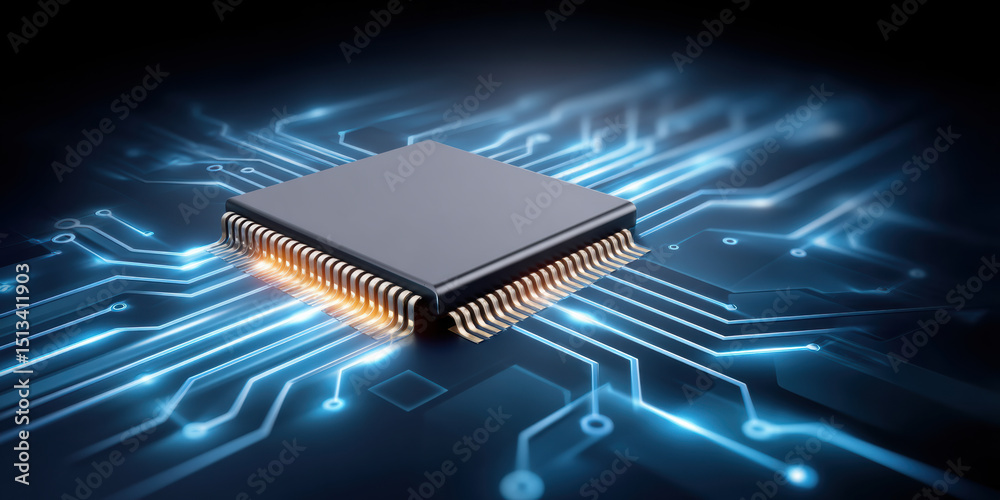 Poster microchip circuit board with glowing connections symbolizing api integration for advanced technology
