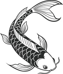 Black and white tribal fish illustration vector design with a dragon head silhouette and bird-like wings
