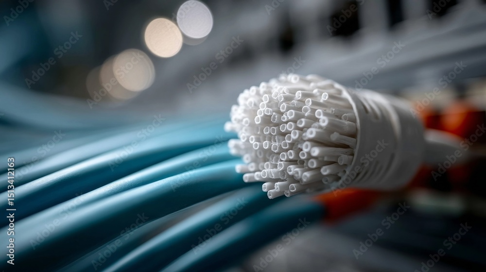 Poster close proximity to a server rack reveals blue fiber optic cables interwoven with clear connectors, e