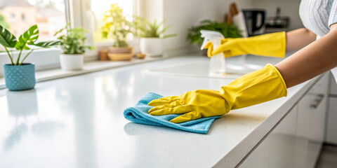 Cleaning service kitchen countertop cleaning gloves spray bottle rag