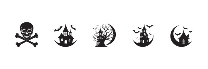 Fiery Halloween vector set with spooky pumpkin, bat, ghost, and witch icons