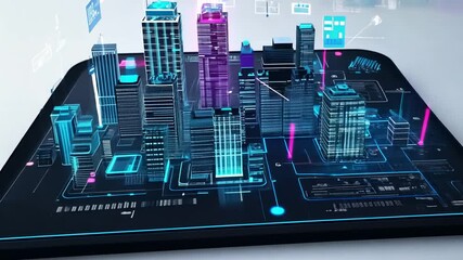 Futuristic cityscape projected onto a digital surface - Powered by Adobe
