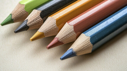 Fototapeta premium Colorful pencils arranged in row, showcasing vibrant hues and fine tips, perfect for artistic expression and creativity