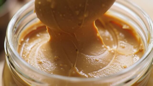 Spoon stirring peanut butter, peanut butter texture close-up.