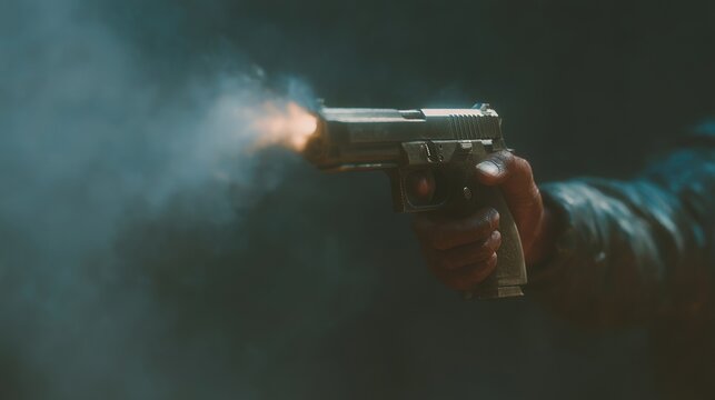 Firing handgun: A hand holding a pistol emitting smoke and fire, against a dark background.