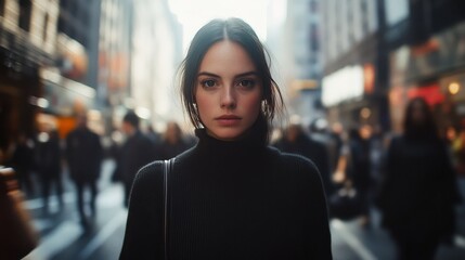 A woman in a black sweater with dark hair gazes intently at the camera while standing in a bustling city street surrounded by buildings and people in motion.
