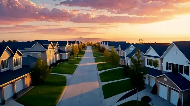 Suburban Neighborhood Street at Sunset with Rows of Identical Houses and Driveways