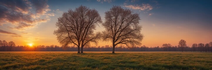 Fototapeta premium Sunset Landscape Two Trees at Golden Hour