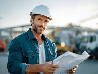 Confident construction worker in hard hat reviews blueprints at construction site, showcasing dedication and professionalism