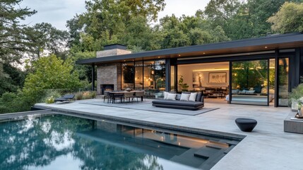 Fototapeta premium Modern house with a pool, patio, fireplace, and floor to ceiling windows. Perfect for real estate ads, architectural designs, or luxury lifestyle publications.