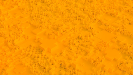 Monochromatic 3D cityscape rendered in vibrant orange, showcasing a complex pattern of numerous abstract cubic and rectangular structures of varying sizes, forming an intricate urban maze