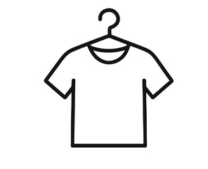 Minimalist black line drawing of a t-shirt hanging on a hook  