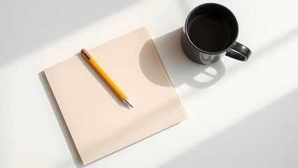 Minimal Workspace with Yellow Pencil, Notepad, and Coffee on White Desk
