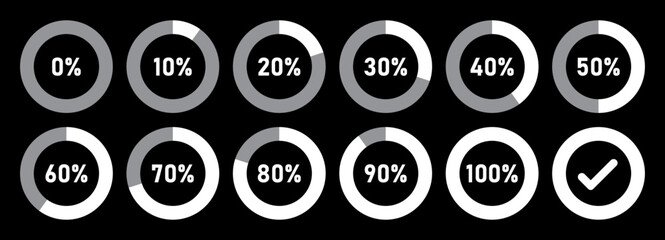 Infographic circle with percentage. Set of circle loading and circle progress collection. 0 10 20 30 40 50 60 70 80 90 100 percent in white color on black background. Vector icon
