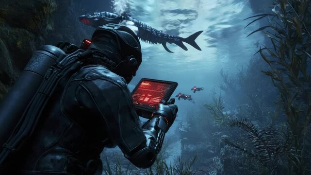 A futuristic diver controls a digital device underwater, observing a large sea creature and robotic drones in a mysterious ocean landscape.