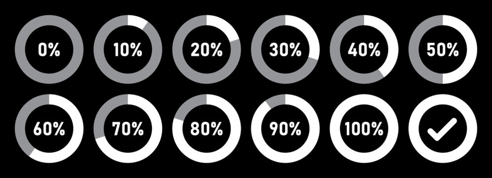 Infographic circle with percentage. Set of circle loading and circle progress collection. 0 10 20 30 40 50 60 70 80 90 100 percent in white color on black background. Vector icon