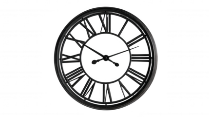 Black clock with roman numerals isolated on transparent background, PNG