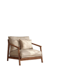 Light beige upholstered armchair with wooden frame