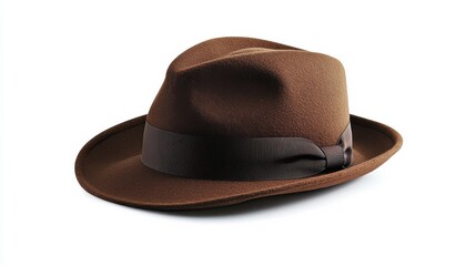 Stylish brown fedora hat with a dark ribbon band, isolated on white background. Perfect for fashion and accessory concepts.