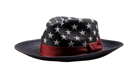 Vintage-style American flag fedora, stars-stripes design, liberty freedom fashion symbol, isolated on transparent background.
