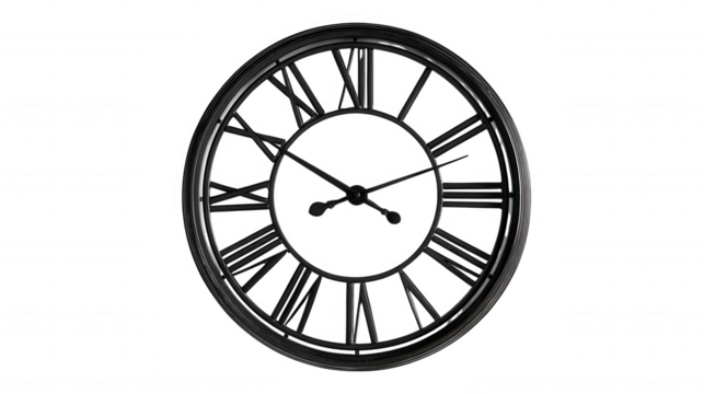 Black clock with roman numerals isolated on transparent background, PNG