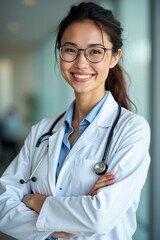  Smiling female doctor in a white coat with a stethoscope