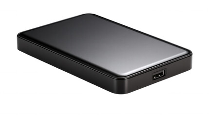 Sleek black external hard drive isolated on transparent background, PNG