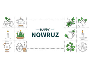 Happy Nowruz Greeting Card with Traditional Haft-Sin Celebration Icons Vector Illustration