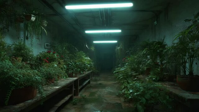  Plants overtake abandoned lab under flickering lights. Whispers of lost experiments fill the humid air. Conspiracy hides truth beneath overgrown secrets.