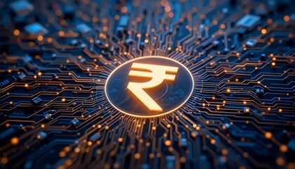 Rupee symbol embedded in a digital circuit board, representing the rise of fintech, digital payments, and online banking