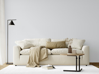 Cozy living room with beige sofa, standing lamp and wooden table – transparent rug PNG –...