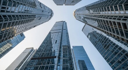 Low-Angle View of Modern Skyscrapers Reaching Towards a Clear Blue Sky