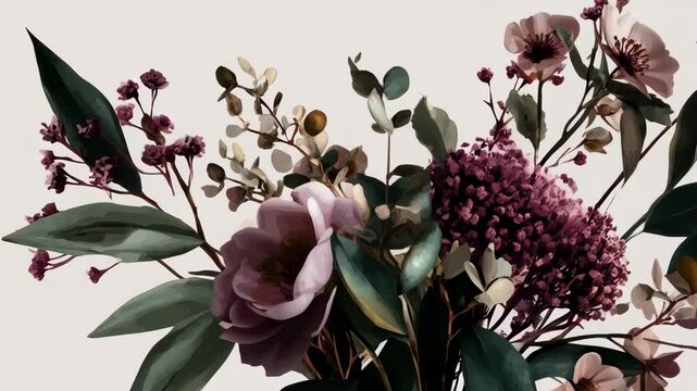 Elegant floral arrangement featuring blush and mauve blooms with dark green leaves against a soft background, ideal for romantic designs.