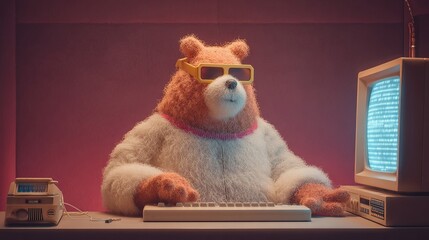 Retro bear programmer coding with vintage computer setup in a cozy pink room, funny and nostalgic.