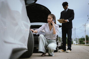 Asian woman talking on the phone asking for help in claiming insurance in case of an accident