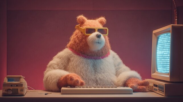Retro bear programmer coding with vintage computer setup in a cozy pink room, funny and nostalgic.