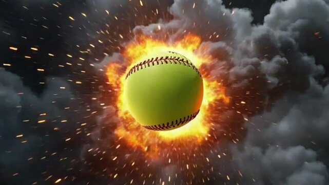 Explosive action softball scene with ball engulfed in intense fire, dramatic volumetric clouds, vibrant colors,  video download